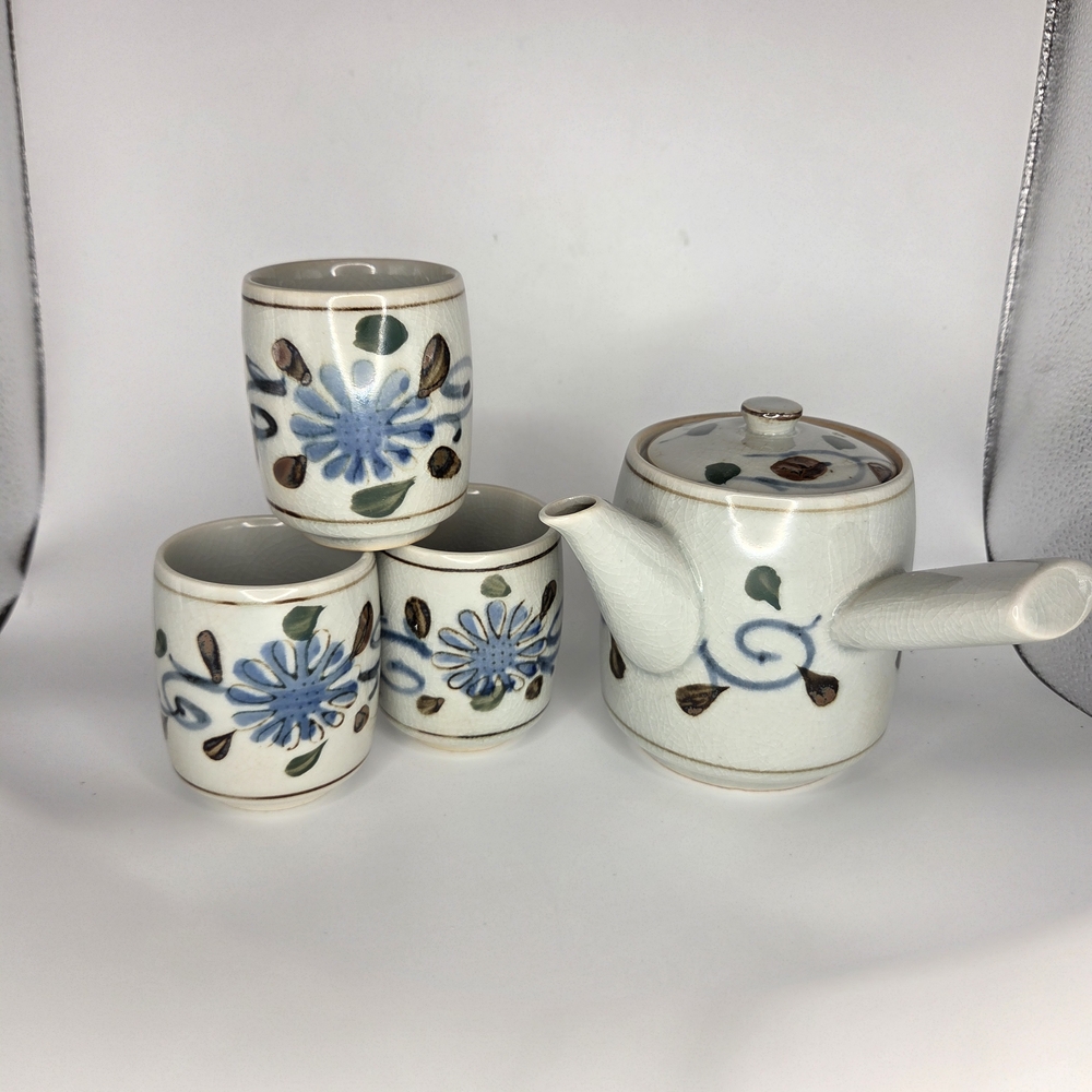 Otagiri Blue Floral Gray Stoneware Art Pottery 3 Cup And Tea Pot Set VTG Japan